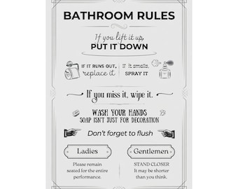 Póster vertical mate con las reglas del baño / Letrero divertido para el baño con tipografía