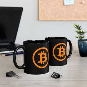 Black Bitcoin Logo Mug | Orange Crypto Coffee Cup, Ceramic Mug image 1