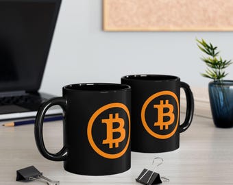 Black Bitcoin Logo Mug | Orange Crypto Coffee Cup, Ceramic Mug