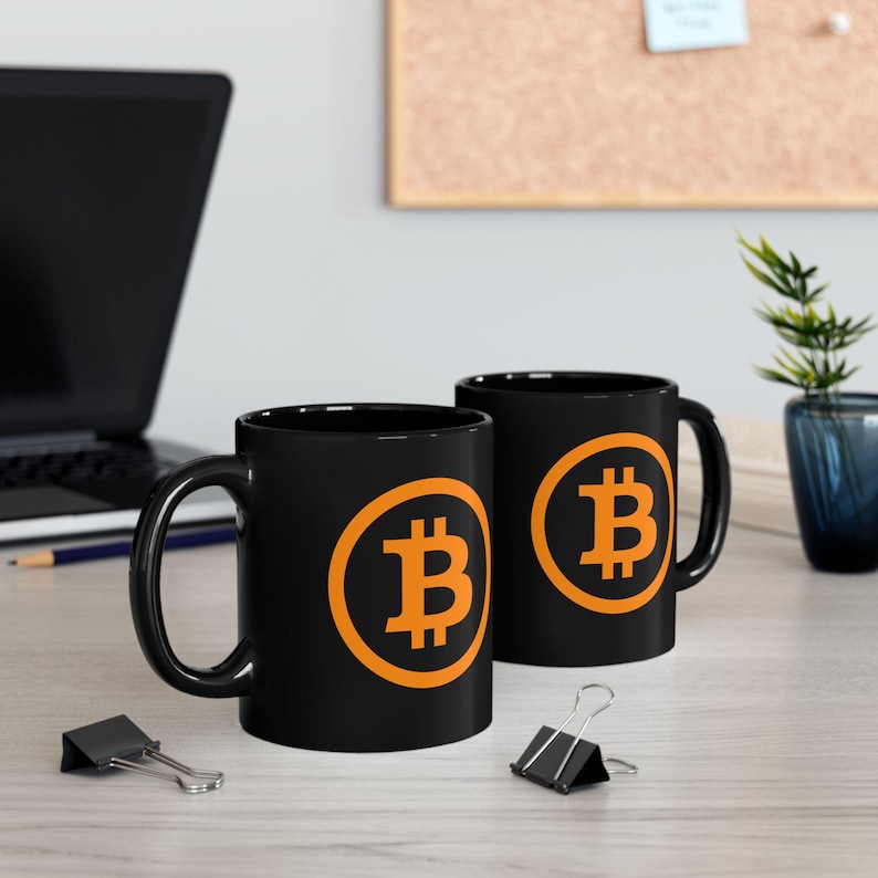 Black Bitcoin Logo Mug | Orange Crypto Coffee Cup, Ceramic Mug image 1