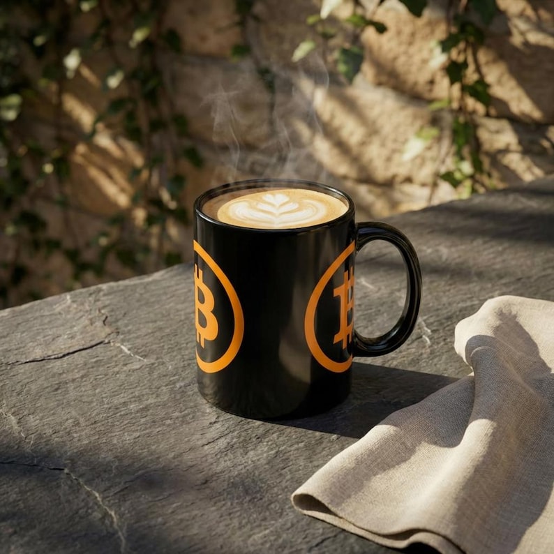 Black Bitcoin Logo Mug | Orange Crypto Coffee Cup, Ceramic Mug image 2