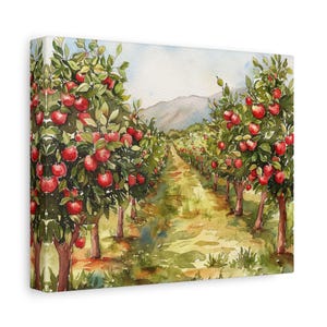 Canvas Print, Apple Orchard Watercolor Art, Fruit Tree Wall Decor, Home Painting, Kitchen Decoration