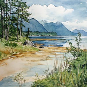 May include: A watercolor painting of a coastal scene with a sandy beach, a body of water, and a mountain range in the background. The water is a light blue color, and the sand is a light brown color. There are green trees and bushes in the foreground.