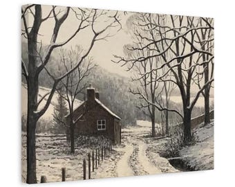 Snowy Country Cottage Canvas Print - Wall Decor