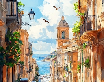 Küsten mediterrane Dorf Straßenansicht Aquarell digitaler Download | Kunst am Meer | Europäisches Landschaftsdekor