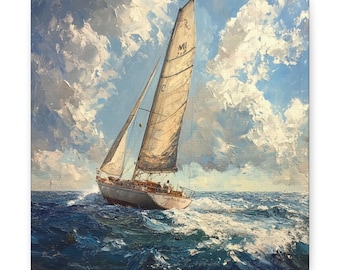 Vintage Sailboat Oil Painting Canvas: Nautical Seascape Art