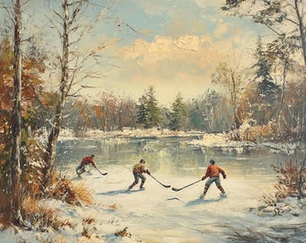 湖畔のアイスホッケー 油絵 キャンバスプリント - ウィンタースポーツアート - デジタルダウンロードのみ
