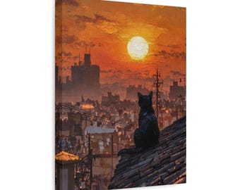 Lienzo con gato negro al atardecer en la azotea - Decoración de pared para amantes de las mascotas