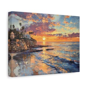 Toile de peinture à l'huile coucher de soleil sur la côte californienne, décoration de maison de plage