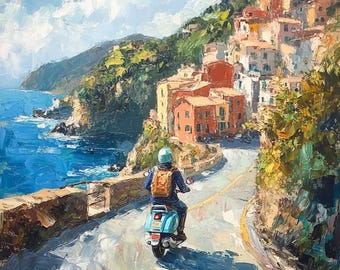 Vespa Coastal Ride in the Mediterranean Oil Painting Digital Print | Travel Wall Art | Coastal Decor