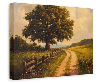 Country Lane Oak Tree Canvas Print, Rustic Farmhouse Wall Art