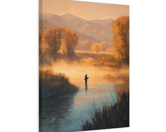 Autumn River Fly Fishing Sunrise Canvas Print | Cottage Gift