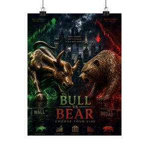 Peut inclure: Une affiche verticale montrant un taureau et un ours en bronze face à face devant une ligne d'horizon urbaine sombre. Le texte inclut "BULL VS BEAR", "WALL STREET ISN'T A PLACE IT'S A BATTLEFIELD" et "CHOOSE YOUR SIDE" avec des graphiques financiers.