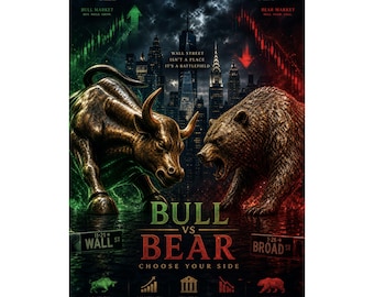 Póster mate de Toro vs. Oso / Arte mural del mercado de valores, decoración para sala de operaciones