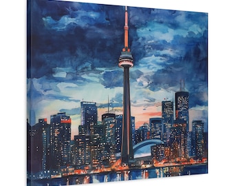 Impresión en lienzo de acuarela del horizonte de Toronto / Arte mural con paisaje urbano de la Torre CN