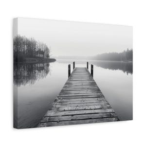 Dock on the Lake Canvas Wall Art - Lake House Decor, Rustic Nature Print, Scenic Waterfront Gift,  Black & White Art