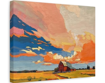 Lienzo de granero con cielo al atardecer