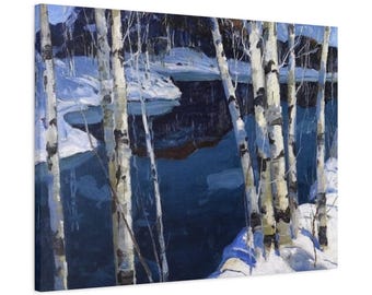 Birch Trees Winter Lake Canvas Matte Stretched
