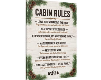 Impresión en lienzo con las normas de la cabaña / Decoración de pared Pinecone Lodge (marco no incluido)