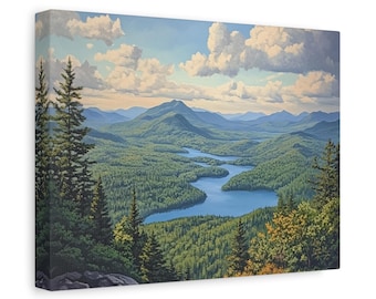 May include: A scenic landscape painting depicting a view from a mountaintop overlooking a winding lake surrounded by lush green forests and distant blue mountains under a partly cloudy sky.