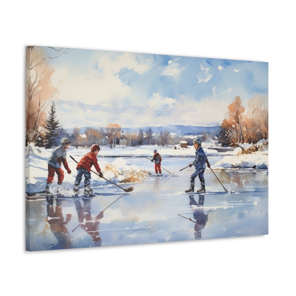 Ice Hockey on a Pond Print - Winter Sports Art - Rustic Pond Hockey Wall Decor - Embrace the exhilaration of winter sports
