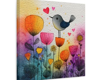 Whimsical Bird on Colorful Wildflowers Watercolor Canvas