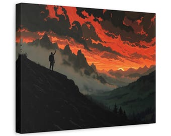 Lienzo con silueta de montaña al atardecer / Cuadro de pared mate estirado