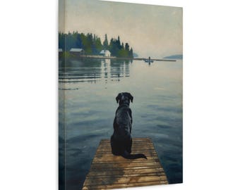 Lienzo impreso "Labrador negro en muelle" / Arte de mascotas "Mañana tranquila en el lago"