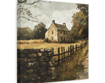 Könnte beinhalten: Ein Gemälde, das ein Steinhaus mit einem braunen Holzzaun davor zeigt. Das Haus ist von einem Feld mit hohem Gras und Bäumen umgeben. Der Himmel ist bewölkt und grau.