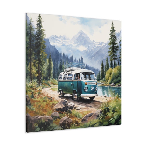 VW Van Print, Camper Van Wall Art, Wilderness Art Decor, Vintage Cars Art, Watercolor Wall Art, Volkswagen Wall Art