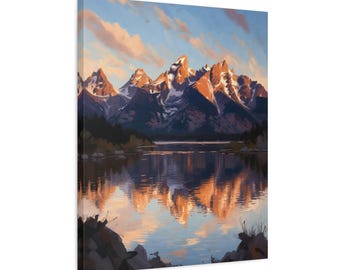 Lienzo con reflejo en un lago de montaña / Cordillera Grand Teton al amanecer