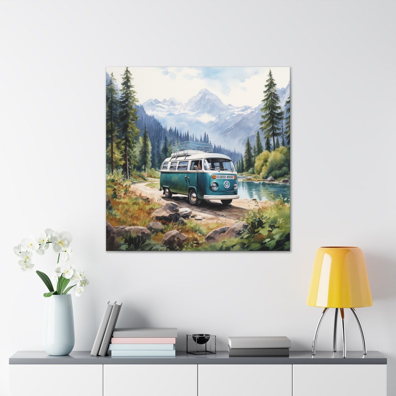 VW Van Print, Camper Van Wall Art, Wilderness Art Decor, Vintage Cars