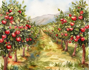 Impresión en lienzo de acuarela de un huerto de manzanas: ideas de regalo de cabaña para ella - Descarga digital