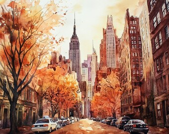 NYC in the Fall Watercolor Digital Print | New York City Wall Art | Autumn Decor