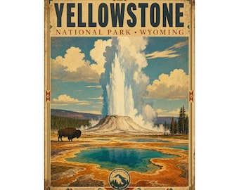 Póster vintage mate vertical del géiser de Yellowstone / Parque Nacional de Wyoming