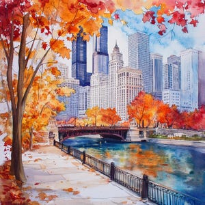 Chicago in Herbst Aquarell Digitaldruck | Herbst Stadtbild Kunst | Herbst-Wand-Dekor