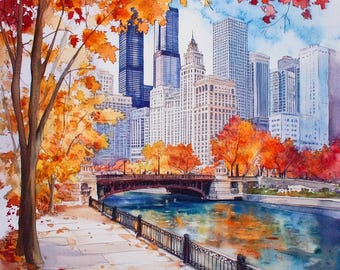 Chicago in Fall Watercolor Digital Print | Autumn Cityscape Art | Fall Wall Decor