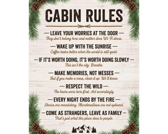 Póster con las reglas de la cabaña (vertical) / Decoración de pared rústica con piñas de pino