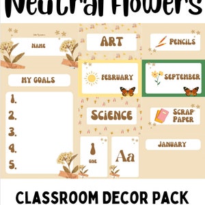 Pacote de decoração de sala de aula com flores neutras