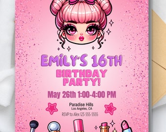 Girl Doll Face Teen Birthday Digital Invitation