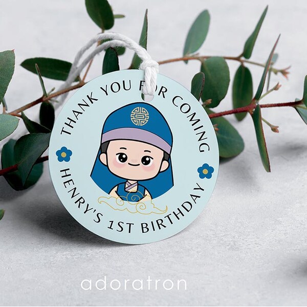 Korean first birthday thank you tag printable, doljanchi thank you sticker, custom download, personalized party favor goodie bag label