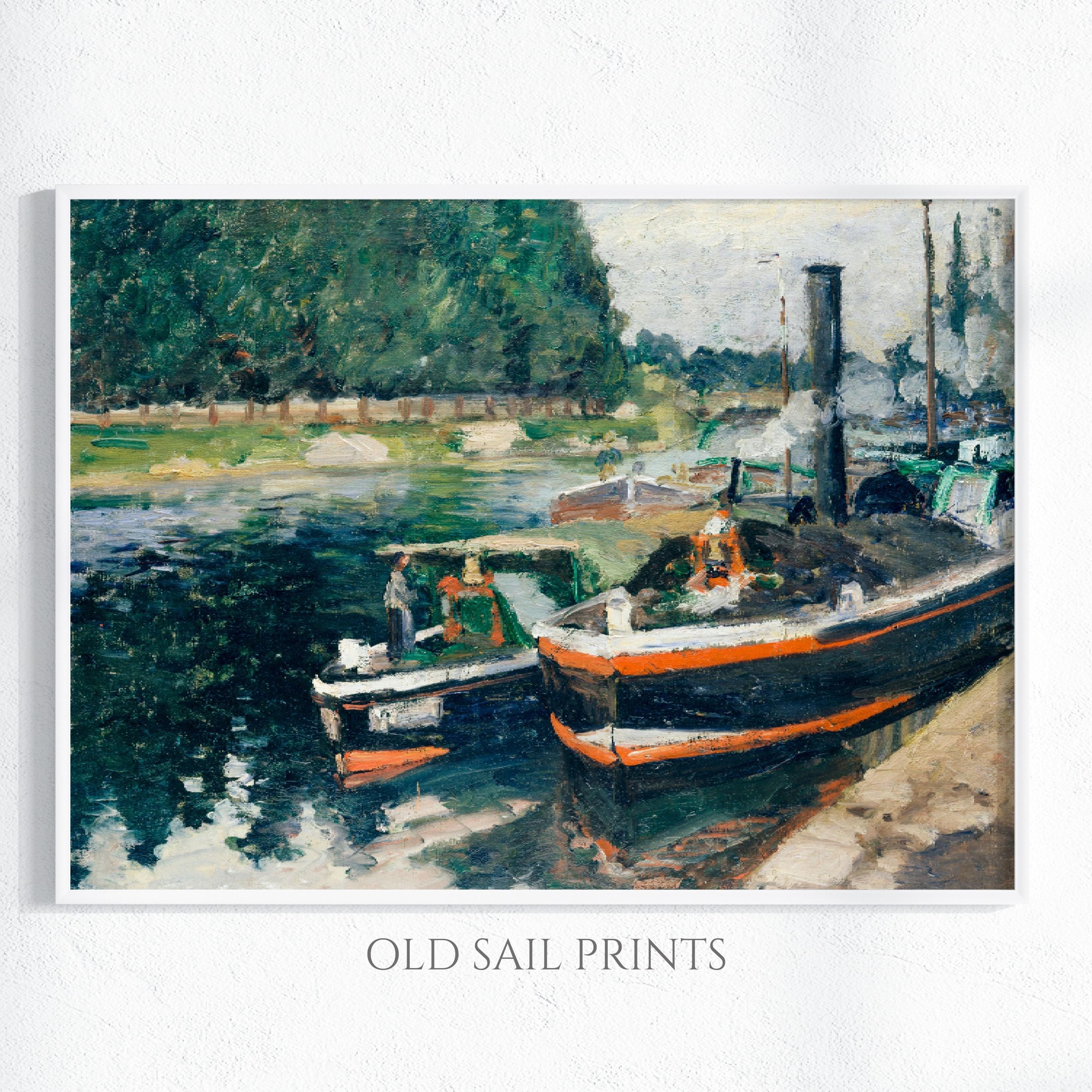 River Port Scene with Barges | Harbors & Coastal Towns Art | Vintage Nautical Wall Art |  Vintage Nautical Printable Art