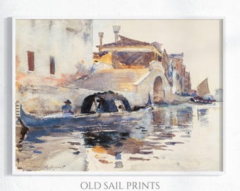 Venetian Canal Scene with Gondola – Romantic Watercolor Art for European & Eclectic Decor |  Vintage Nautical Printable Art