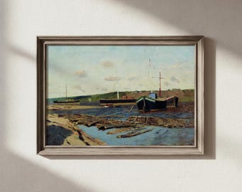 Docked Boats and Logs Art Prints – Historical Landscape Wall Art |  Vintage Nautical Printable Art
