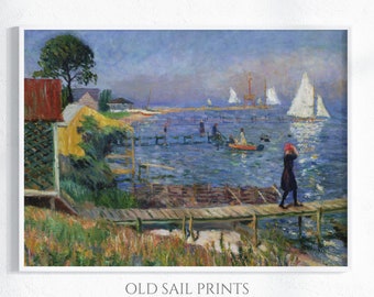 Coastal Impressionist Painting – Colorful Sailboats & Seaside Scene for Living Room, Beach House, or Sunroom | Eclectic Decor | PRINTABLE