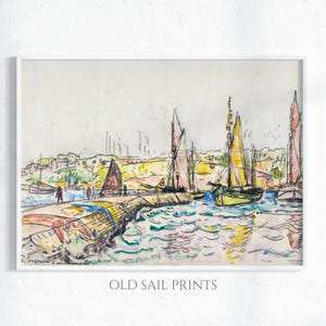 Coastal Harbor Scene with Sailboats – Colorful Nautical Wall Art for Living Room or Dining Area |  Vintage Nautical Printable Art