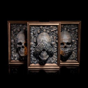 Three Wise Skulls, Wall Decor, Home Decor, Picture Frame, Creative, Hear No Evil, See No Evil, Speak No Evil