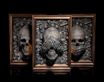 Three Wise Skulls, Wall Decor, Home Decor, Picture Frame, Creative, Hear No Evil, See No Evil, Speak No Evil