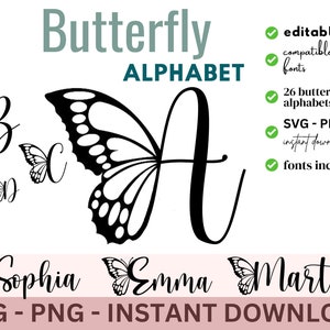 Schmetterling Alphabet, Schmetterling Monogramm SVG PNG, Schmetterling Bundle Alphabet Monogramm für Cricut Silhouette bereit zum Schneiden von Dateien, sofortiger Download