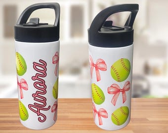 16 oz softball and bows sports tumbler. Pop up lid with straw attached.